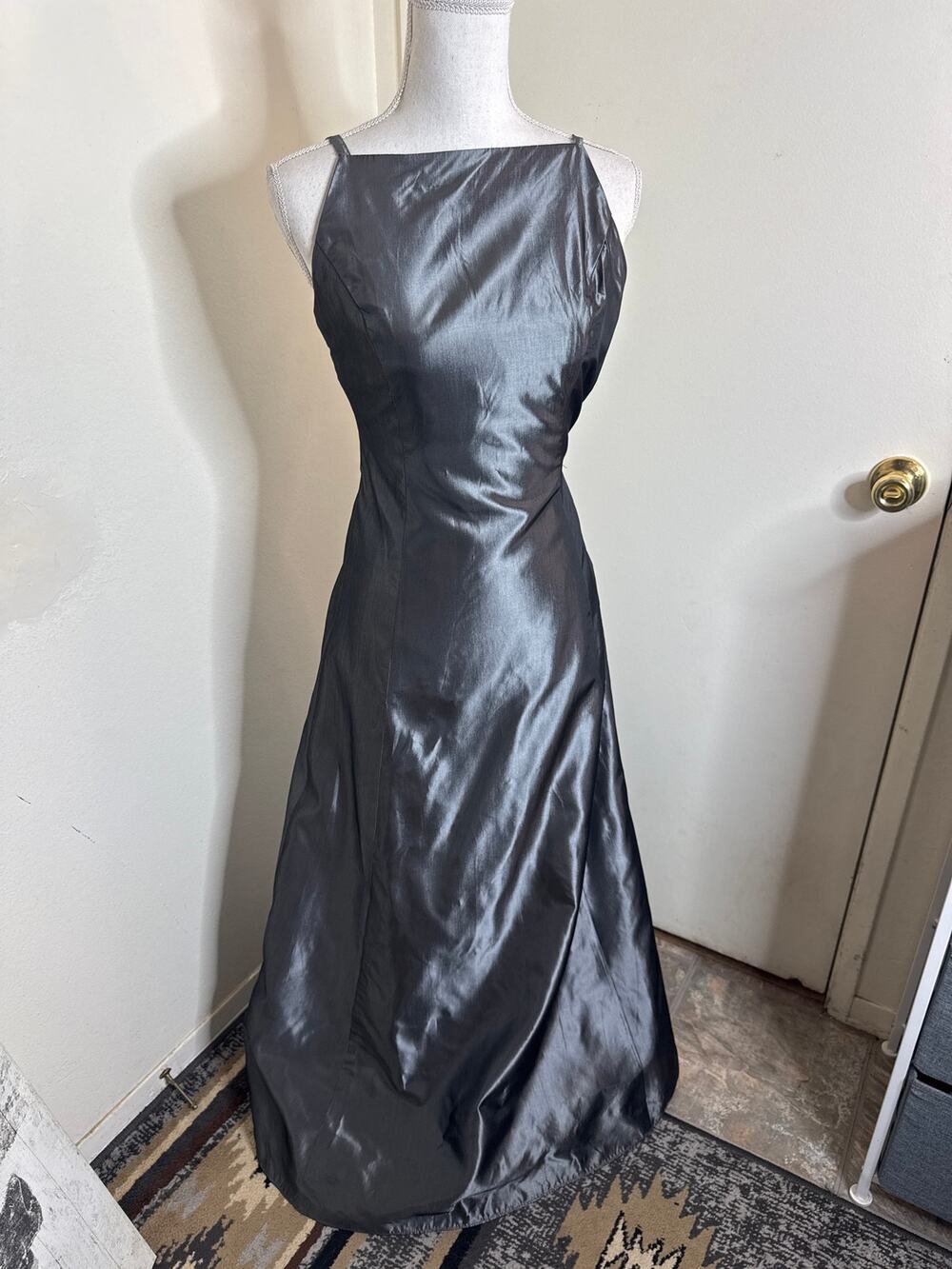 VTG Jessica McClintock Charcoal Gray Metallic Satin Maxi Dress Y2K Prom Gown